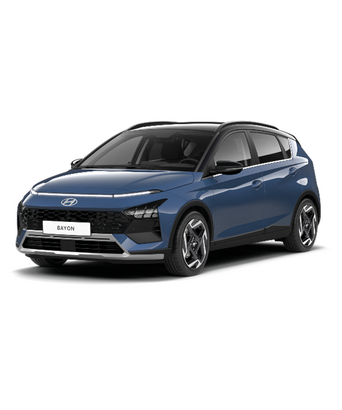 Hyundai Bayon in dunkelblau vor einem weißen Hintergrund. Zum Bewerben der Hyundai Bayon Abverkaufsaktion.