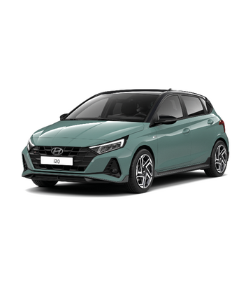 Hyundai i20 in Grün als Front-Seitenansicht vor hellem Hintergrund – Symbolbild für attraktive Abverkaufsangebote beim Autohaus Ranaldi.